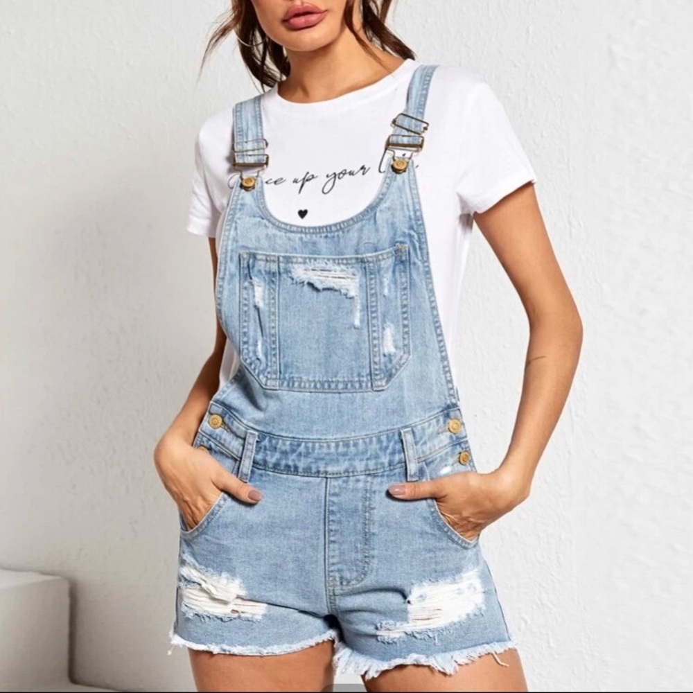 Ripped raw hem slant pocket denim overall